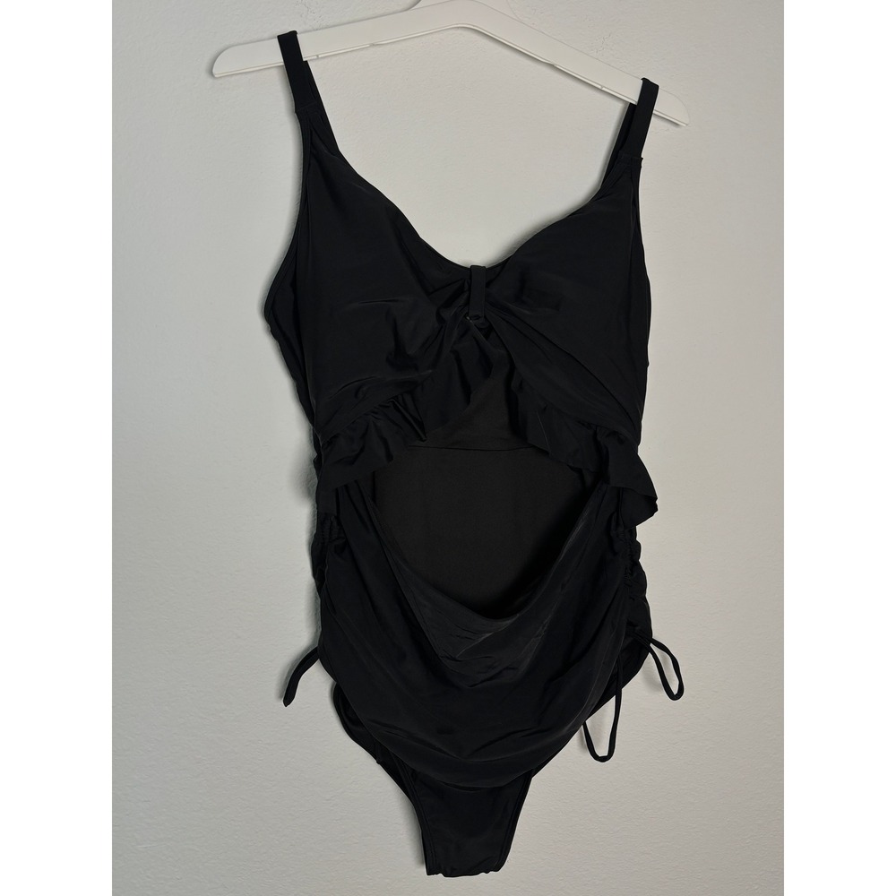 Hanna Nikole Black One Piece Swimsuit 2XL Ruched Ruffle V-Neck Adjustable Straps